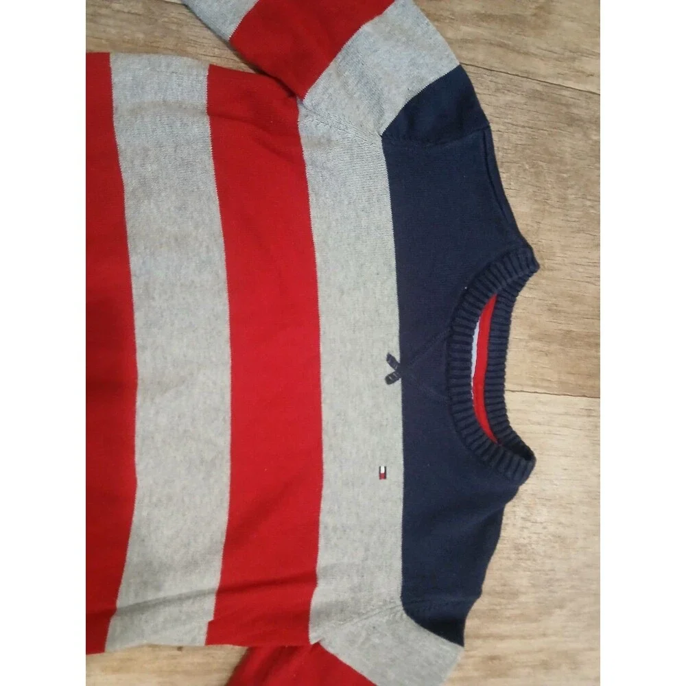 Tommy Hilfiger Boys Cotton Blue Gray Red Striped Long Sleeve Sweater Size 7